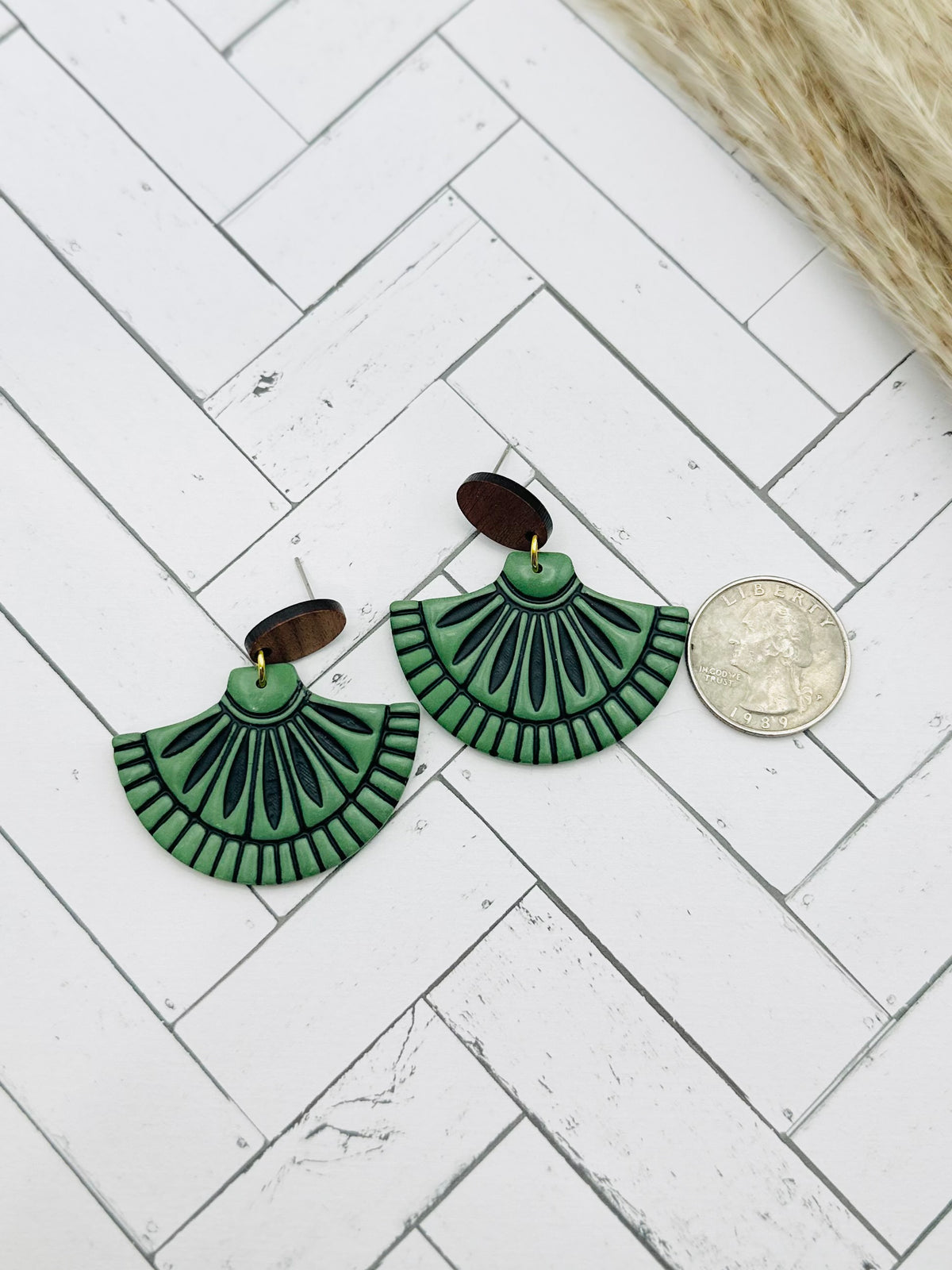 Sage Green Art Deco Fan Wood & Polymer Clay Earrings