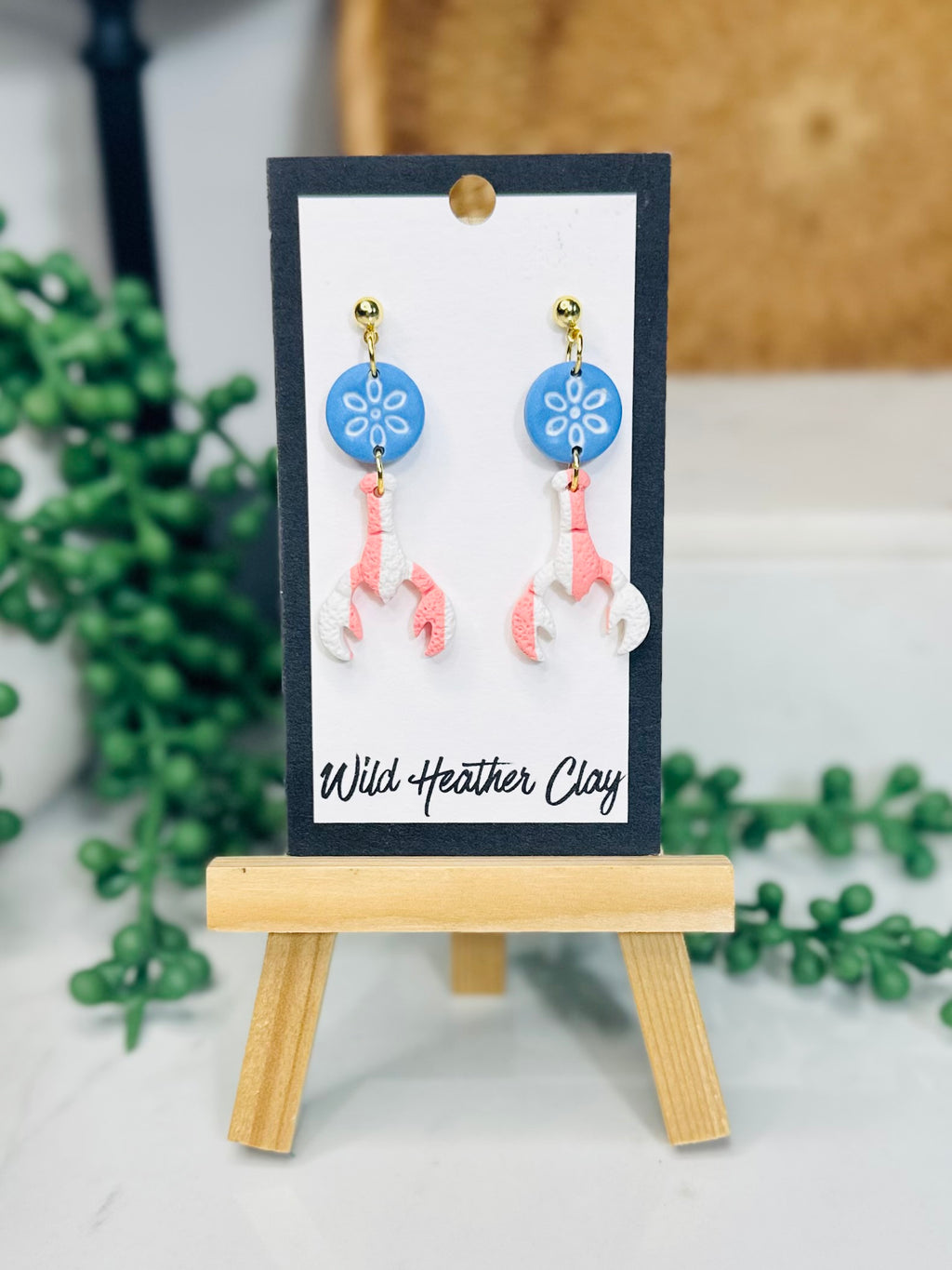 Costal Blue Flower & Pink and White Striped Lobster Earrings – Handmade Coastal Polymer Clay Earrings, Beach Dangle Earrings, Lightweight Summer Jewelry
