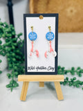 Costal Blue Flower & Pink and White Striped Lobster Earrings – Handmade Coastal Polymer Clay Earrings, Beach Dangle Earrings, Lightweight Summer Jewelry