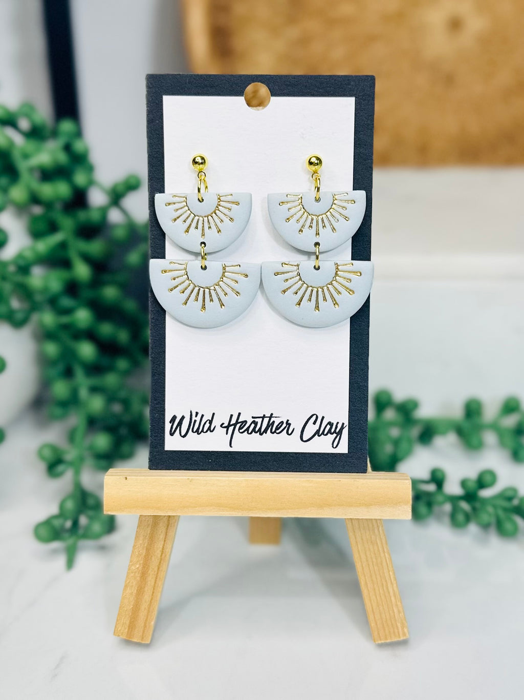 Pale Blue Sunburst Earrings – Handmade Polymer Clay Dangle Earrings, Minimalist Gold Statement Earrings, Lightweight Modern Jewelry