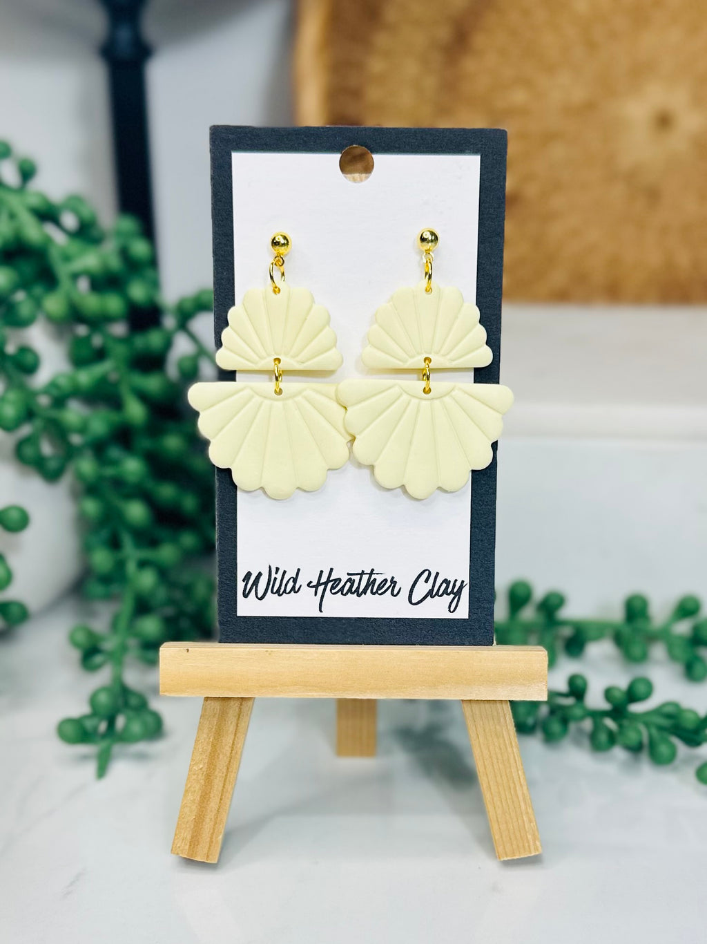 Butter Yellow Fan Shell Earrings – Handmade Polymer Clay Dangle Earrings, Coastal Statement Earrings, Lightweight Boho Jewelry