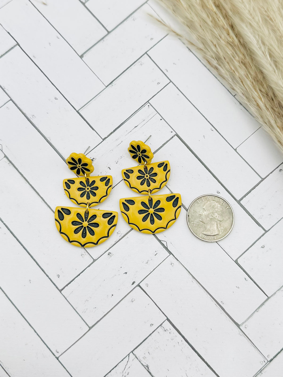 Mustard Floral Tiered Polymer Clay Earrings