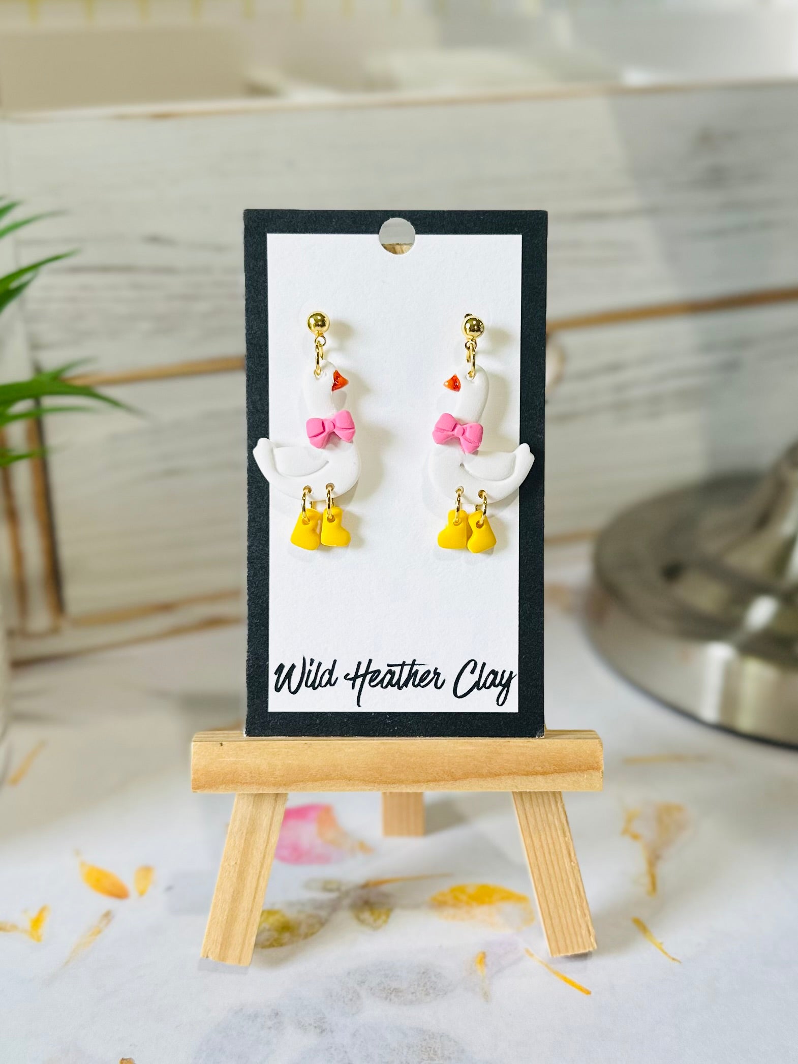 Handmade Goose Clay Earrings | Cute Farm Animal Dangle Earrings | Pink Bow Statement Earrings | Whimsical Cottagecore Jewelry