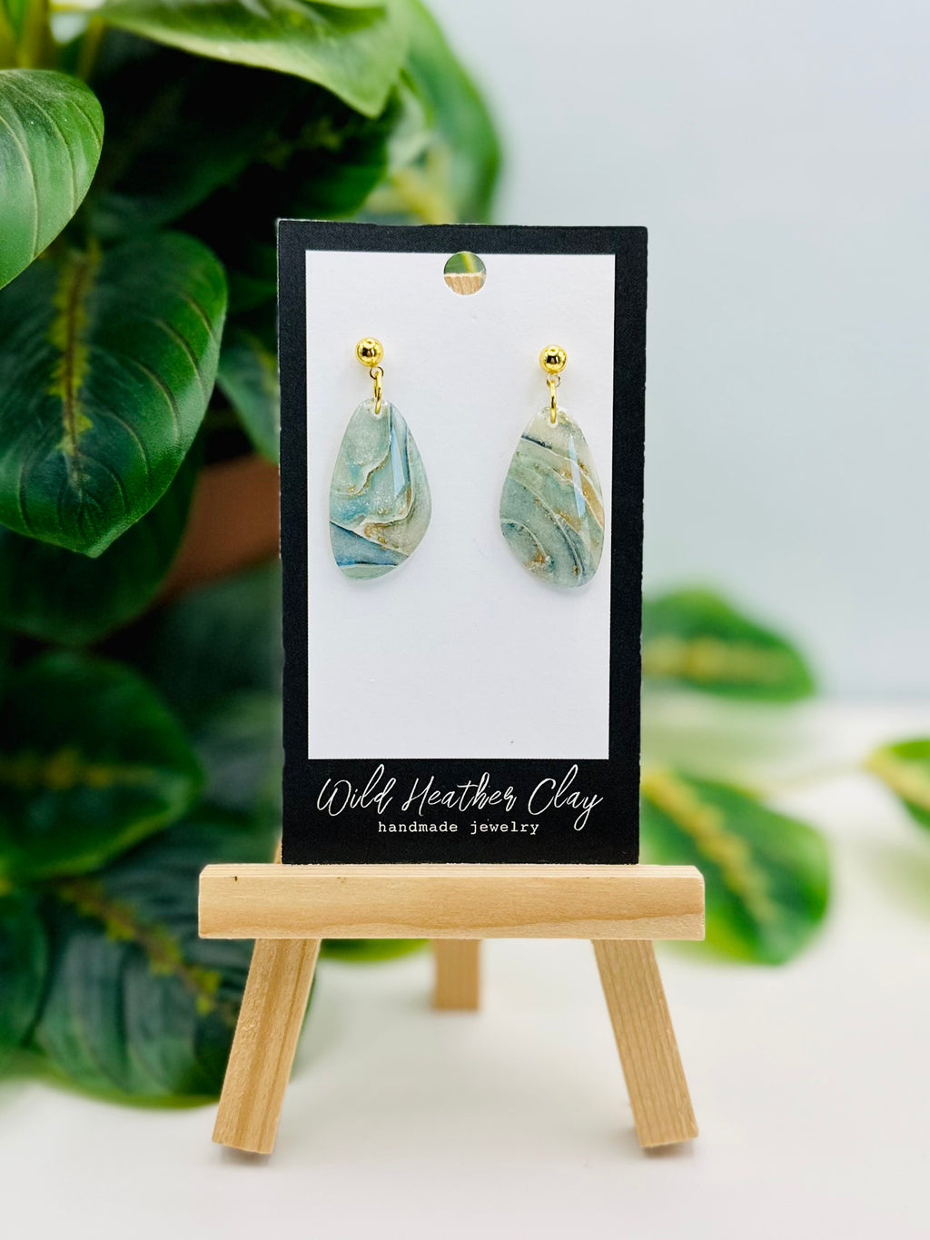 Ocean Agate Organic Teardrop Earrings | Blue & Gold Marbled Polymer Clay Dangles | Lightweight Statement Earrings