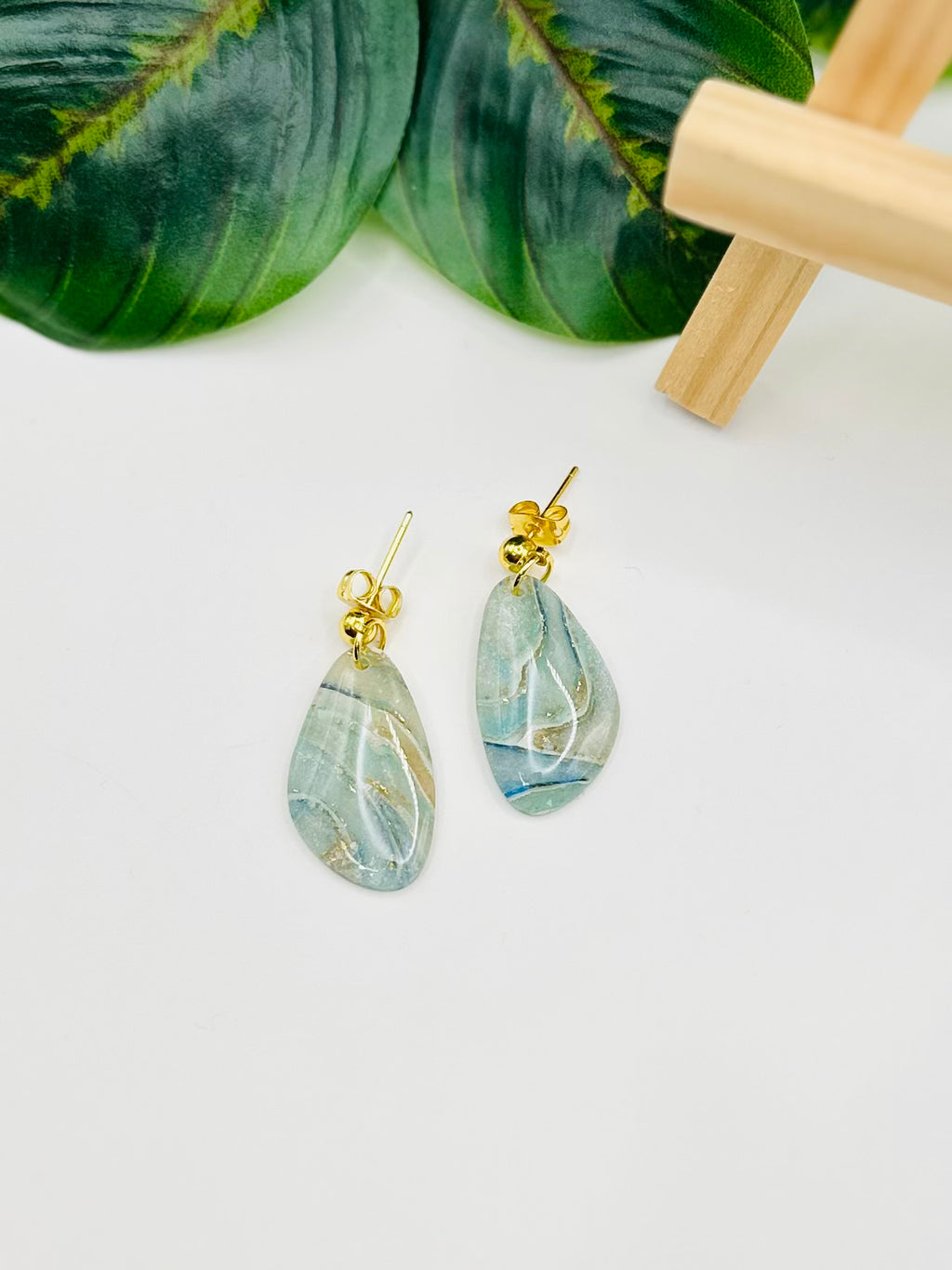 Ocean Agate Organic Teardrop Earrings | Blue & Gold Marbled Polymer Clay Dangles | Lightweight Statement Earrings
