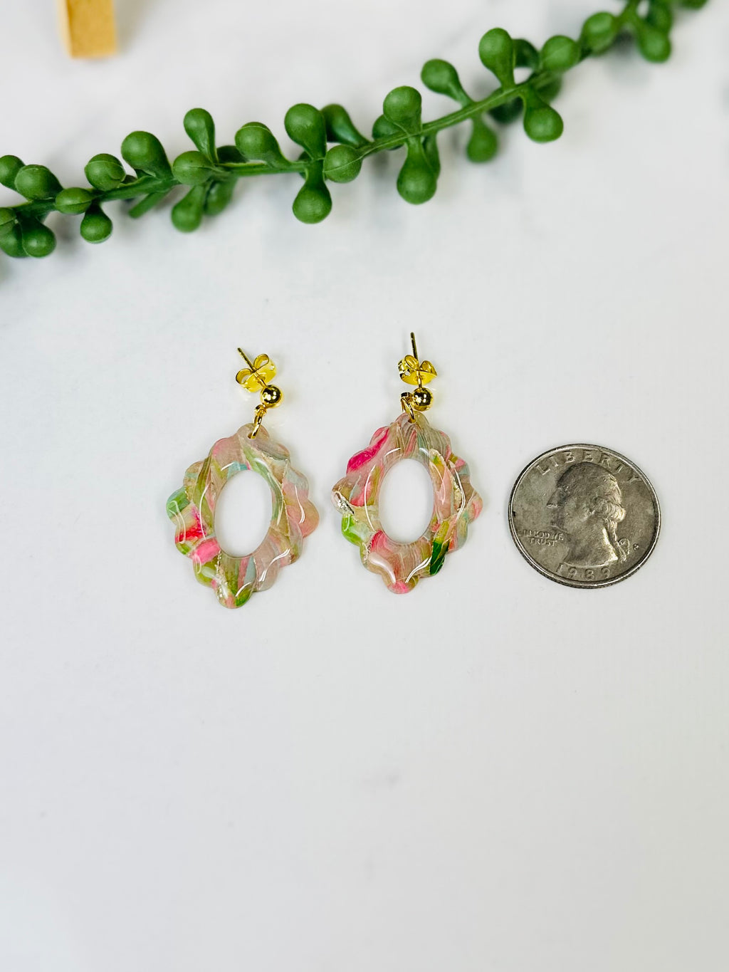 Pink & Green Open Oval Earrings | Handmade Polymer Clay Earrings
