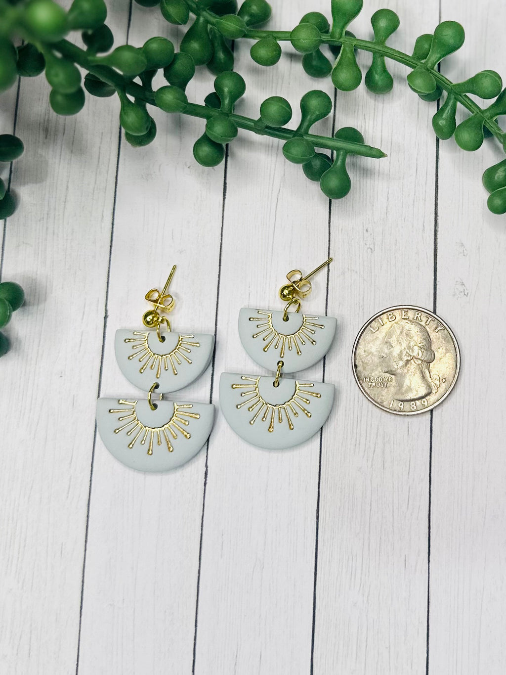 Pale Blue Sunburst Earrings – Handmade Polymer Clay Dangle Earrings, Minimalist Gold Statement Earrings, Lightweight Modern Jewelry