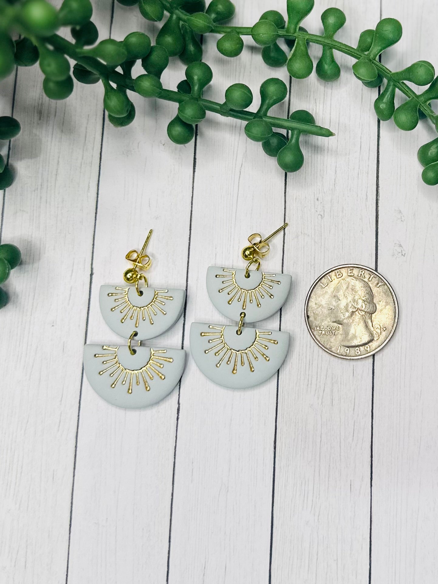 Pale Blue Sunburst Earrings – Handmade Polymer Clay Dangle Earrings, Minimalist Gold Statement Earrings, Lightweight Modern Jewelry