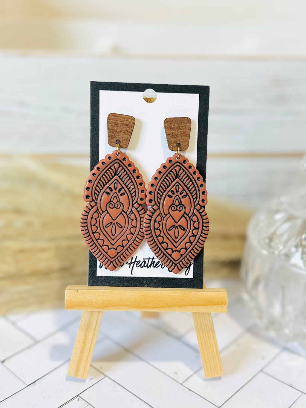 Cinnamon Ornate Folk Art Drop Earrings