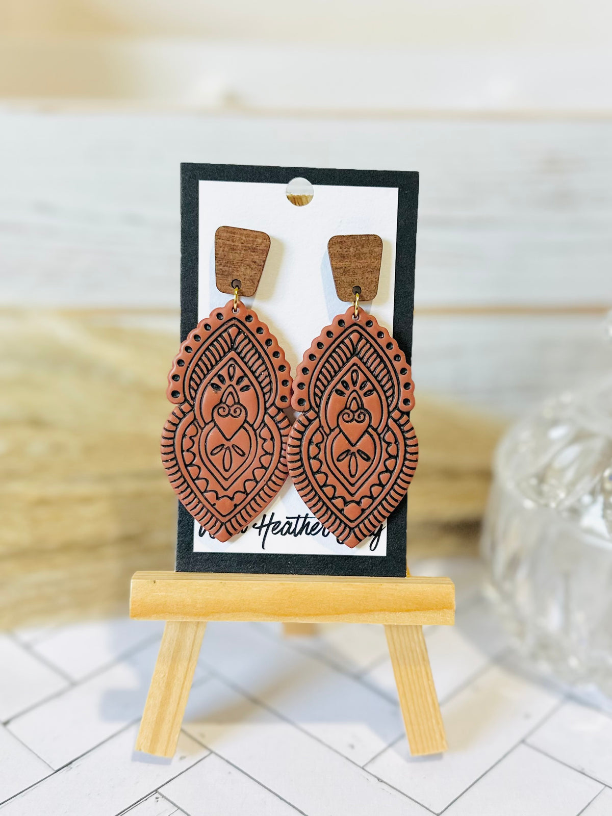 Cinnamon Ornate Folk Art Drop Earrings