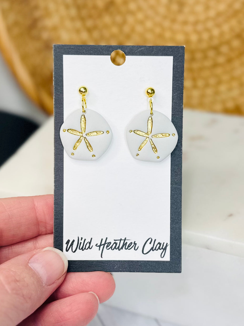 Dove Grey Sand Dollar Earrings – Handmade Polymer Clay Coastal Earrings, Gold Beach Dangle Earrings, Lightweight Summer Jewelry