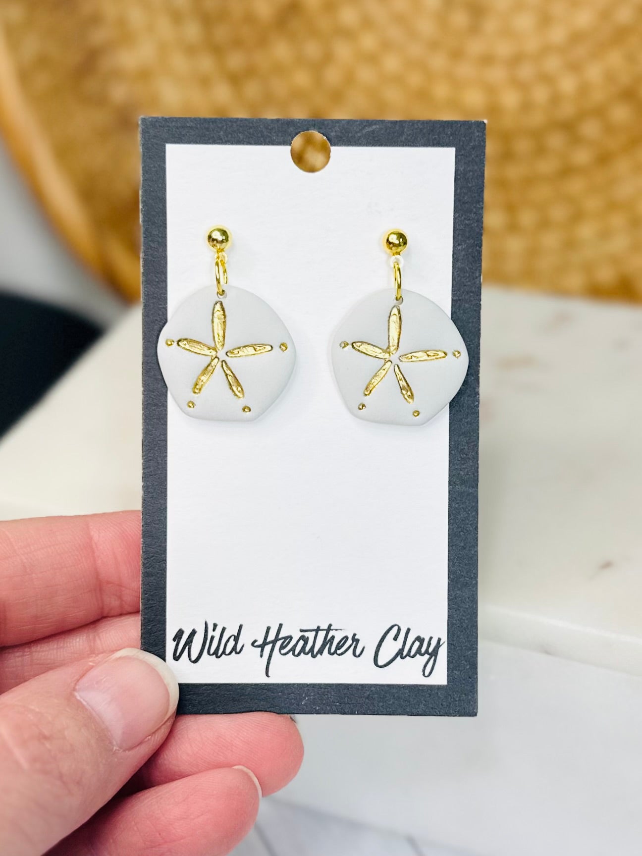Dove Grey Sand Dollar Earrings – Handmade Polymer Clay Coastal Earrings, Gold Beach Dangle Earrings, Lightweight Summer Jewelry
