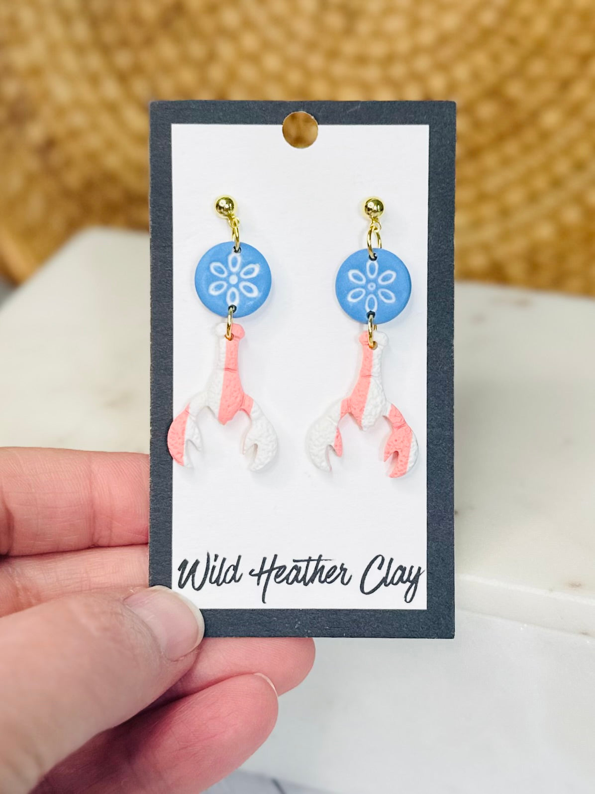 Costal Blue Flower & Pink and White Striped Lobster Earrings – Handmade Coastal Polymer Clay Earrings, Beach Dangle Earrings, Lightweight Summer Jewelry