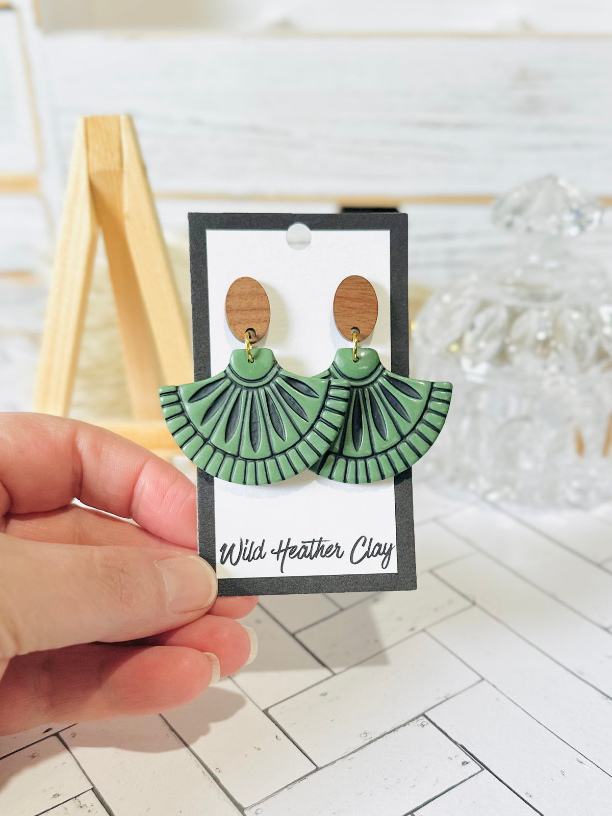 Sage Green Art Deco Fan Wood & Polymer Clay Earrings