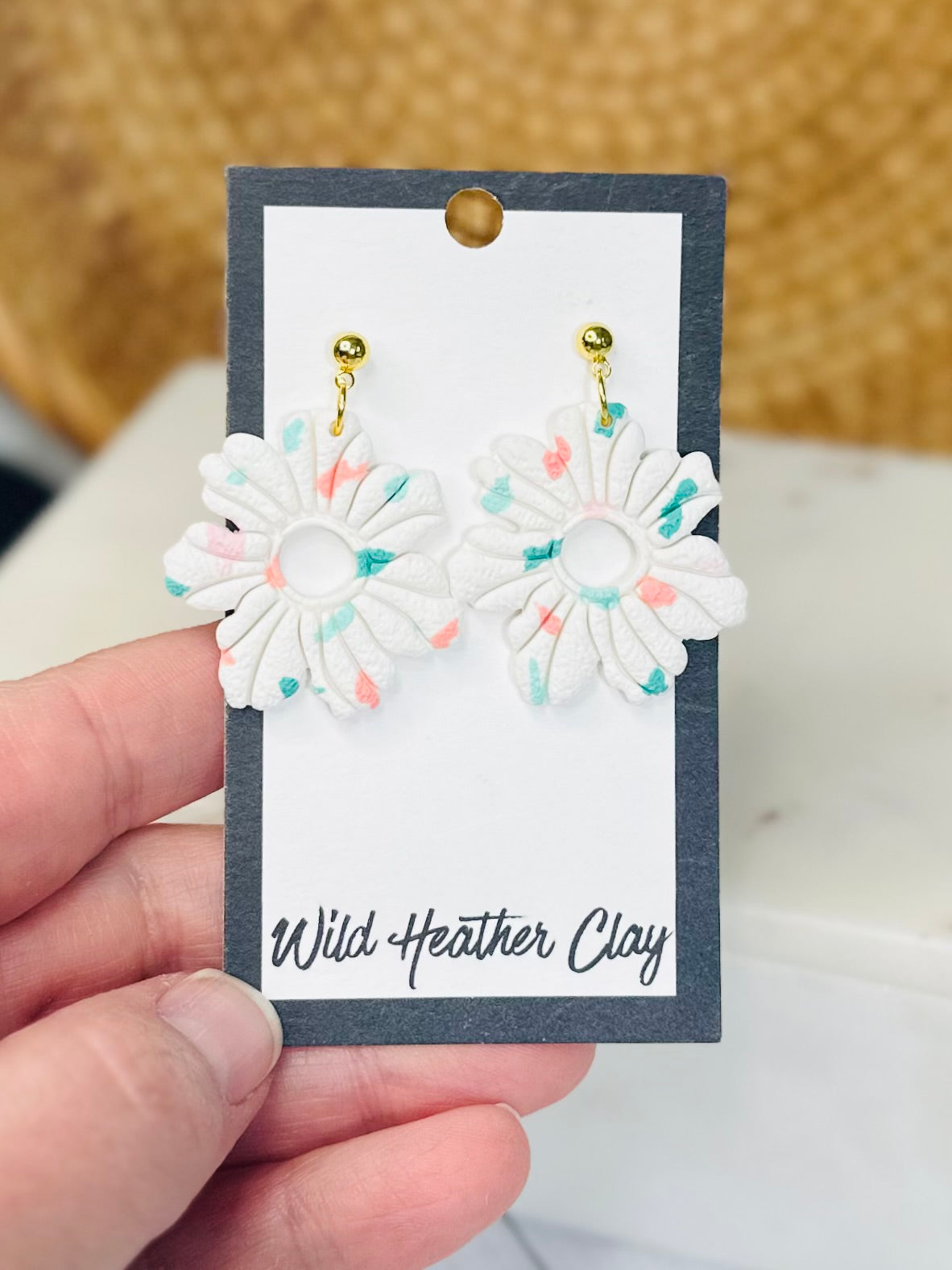 Handmade White Floral Earrings – Lightweight Polymer Clay Flower Earrings, Gold Dangle Earrings, Feminine Statement Jewelry