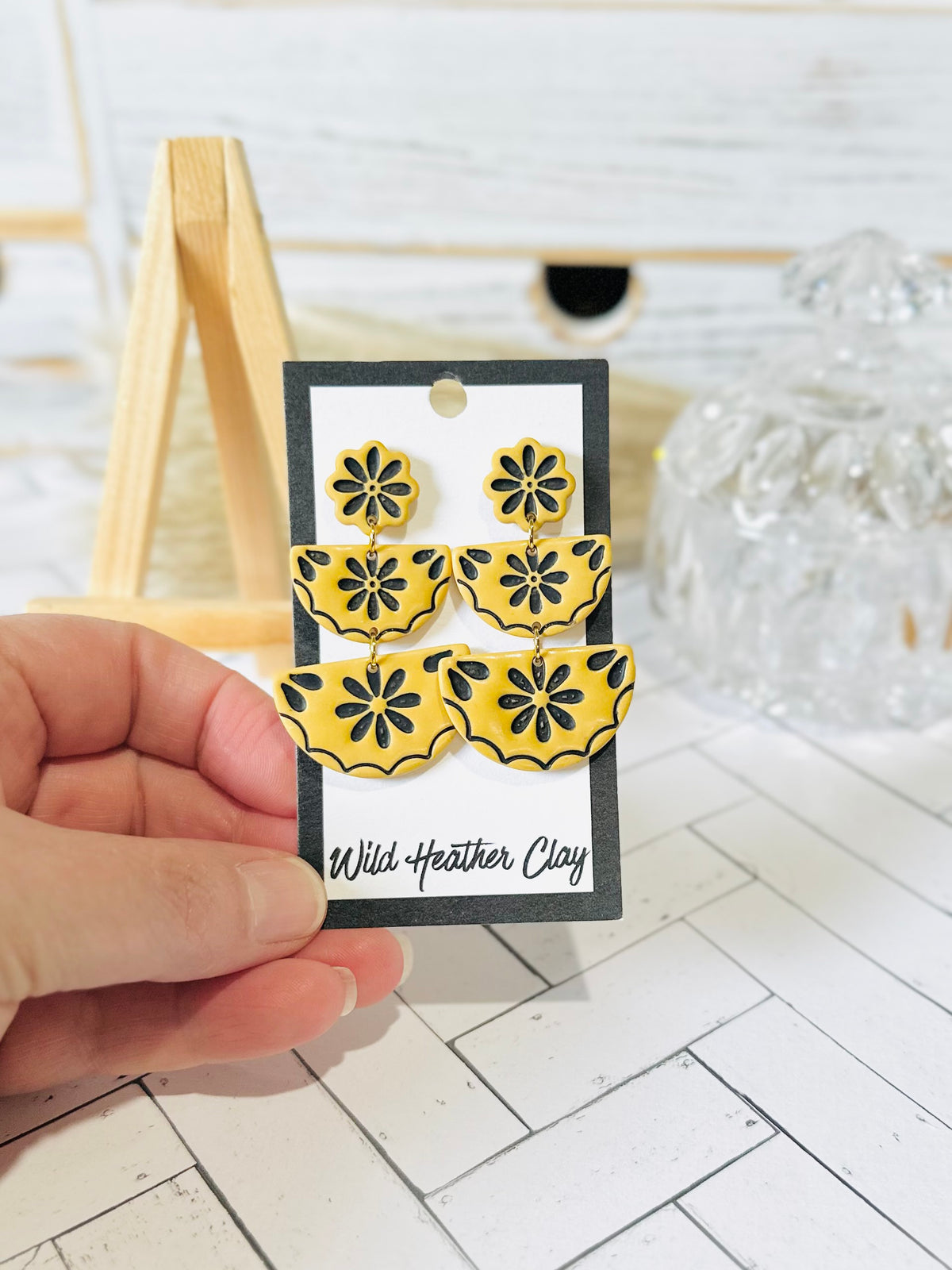 Mustard Floral Tiered Polymer Clay Earrings
