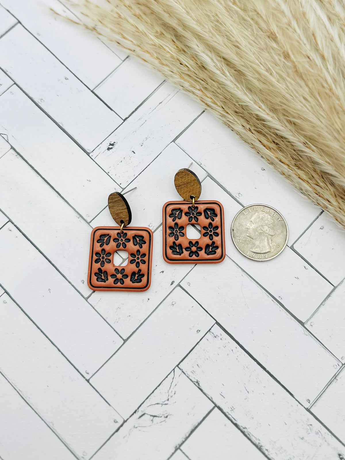 Terracotta & Black Floral Tile Wood Polymer Clay Earrings