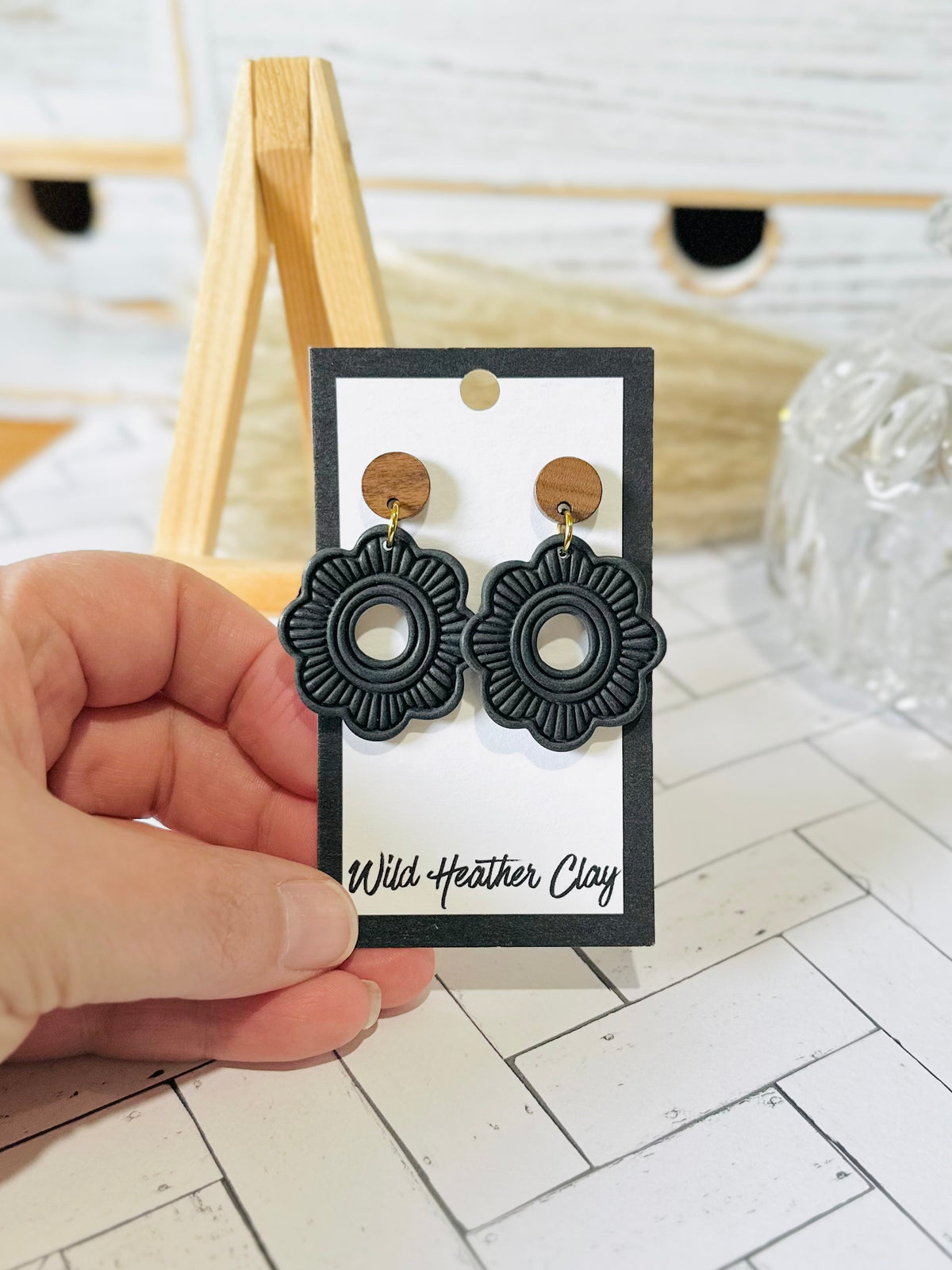 Charcoal Black Boho Floral Statement Earrings with Wood Studs