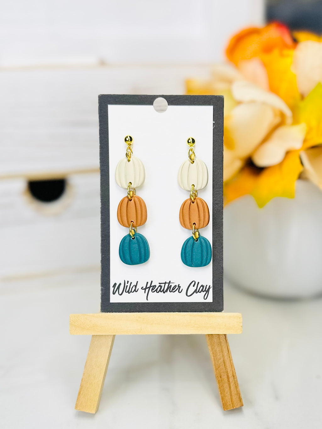 Ivory, Pumpkin & Teal Pumpkin Polymer Clay Earrings