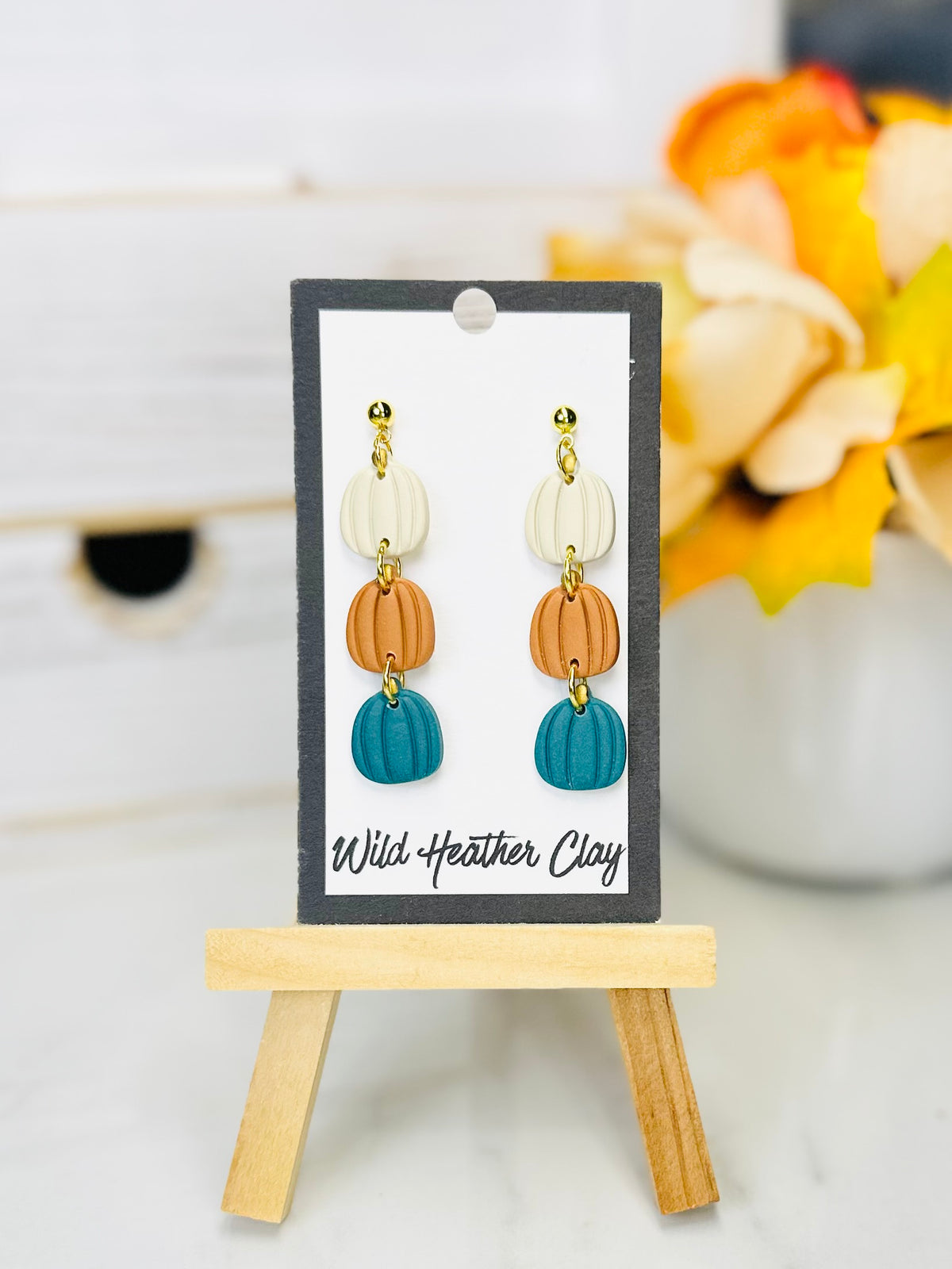 Ivory, Pumpkin & Teal Pumpkin Polymer Clay Earrings