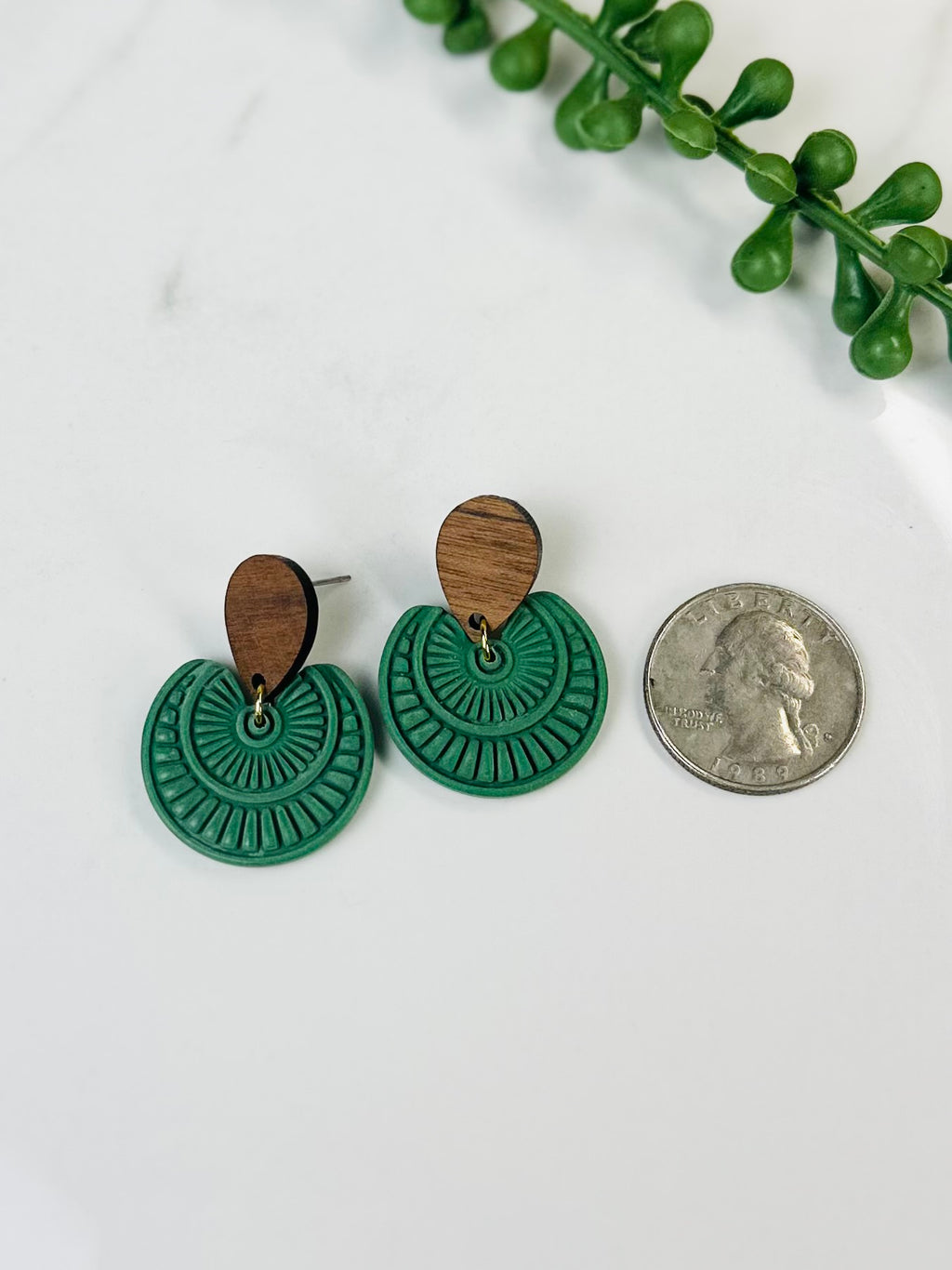 Green Boho Statement Earrings with Wood | Handmade Polymer Clay Earrings
