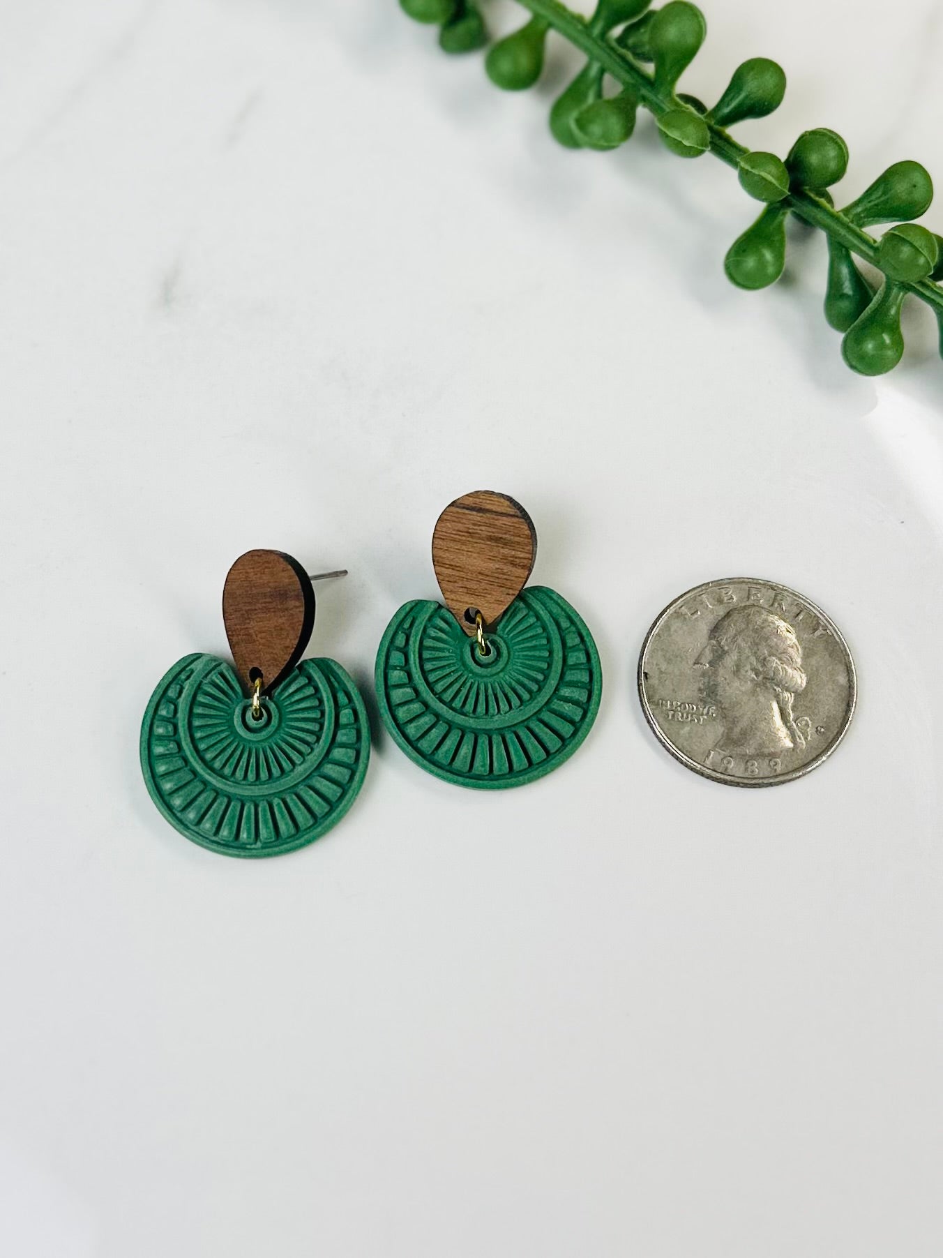 Green Boho Statement Earrings with Wood | Handmade Polymer Clay Earrings