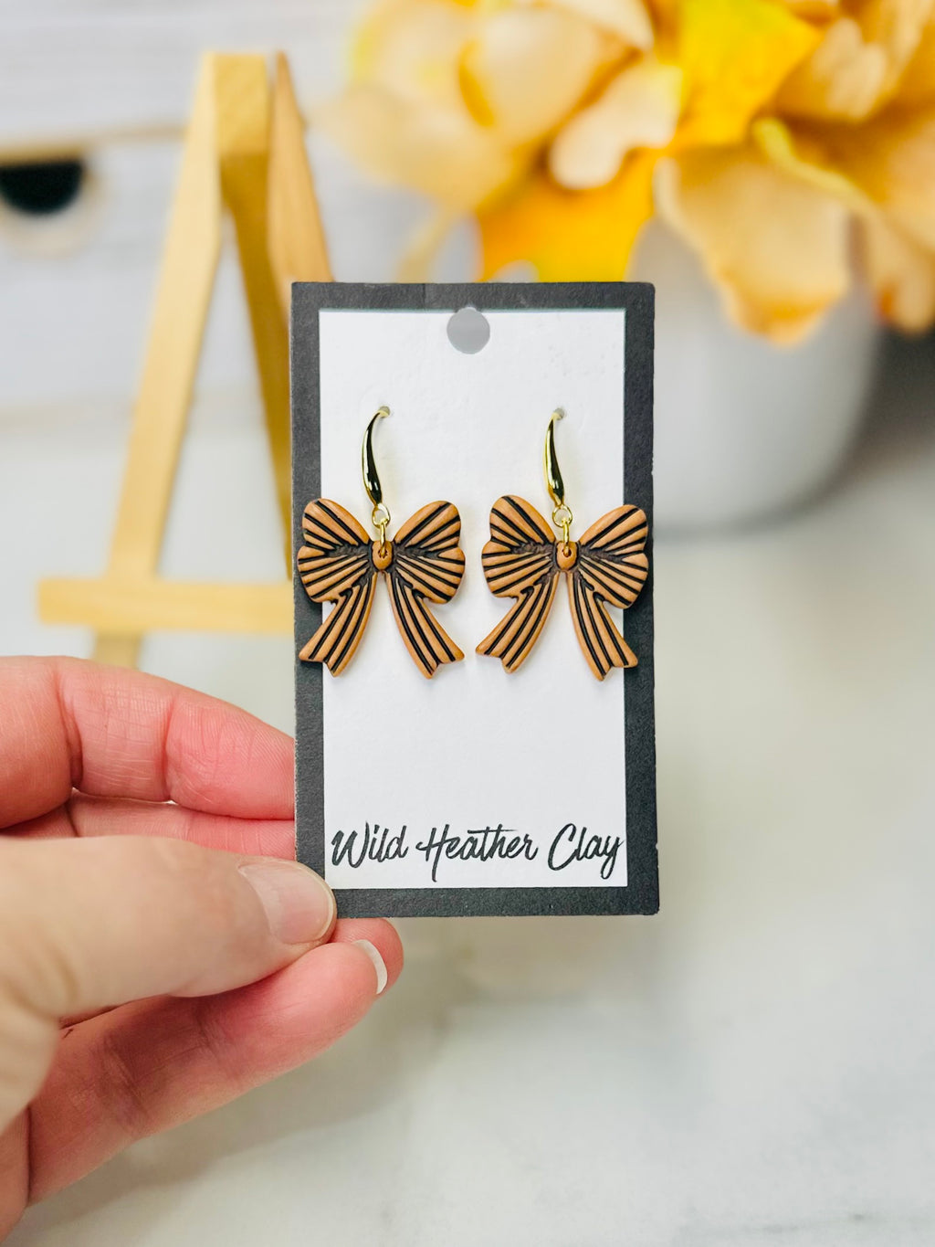 Caramel & Black Striped Bow Polymer Clay Earrings