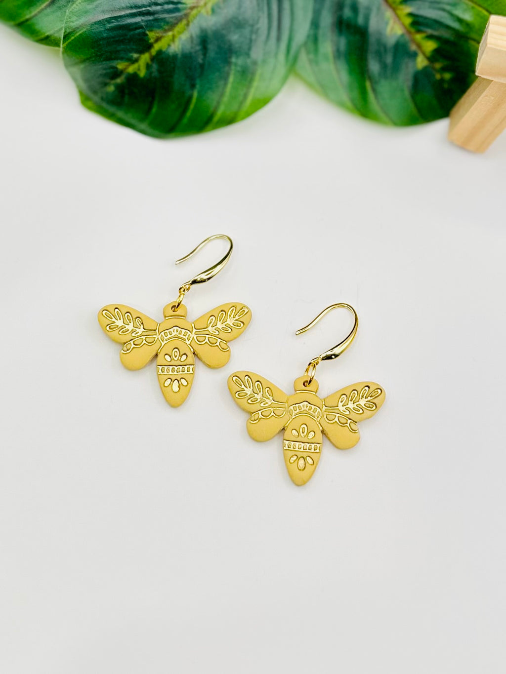 Gold Bee Earrings with Gold Inlay Detail-Handmade Polymer Clay Hook Earrings- Spring Statement Earrings