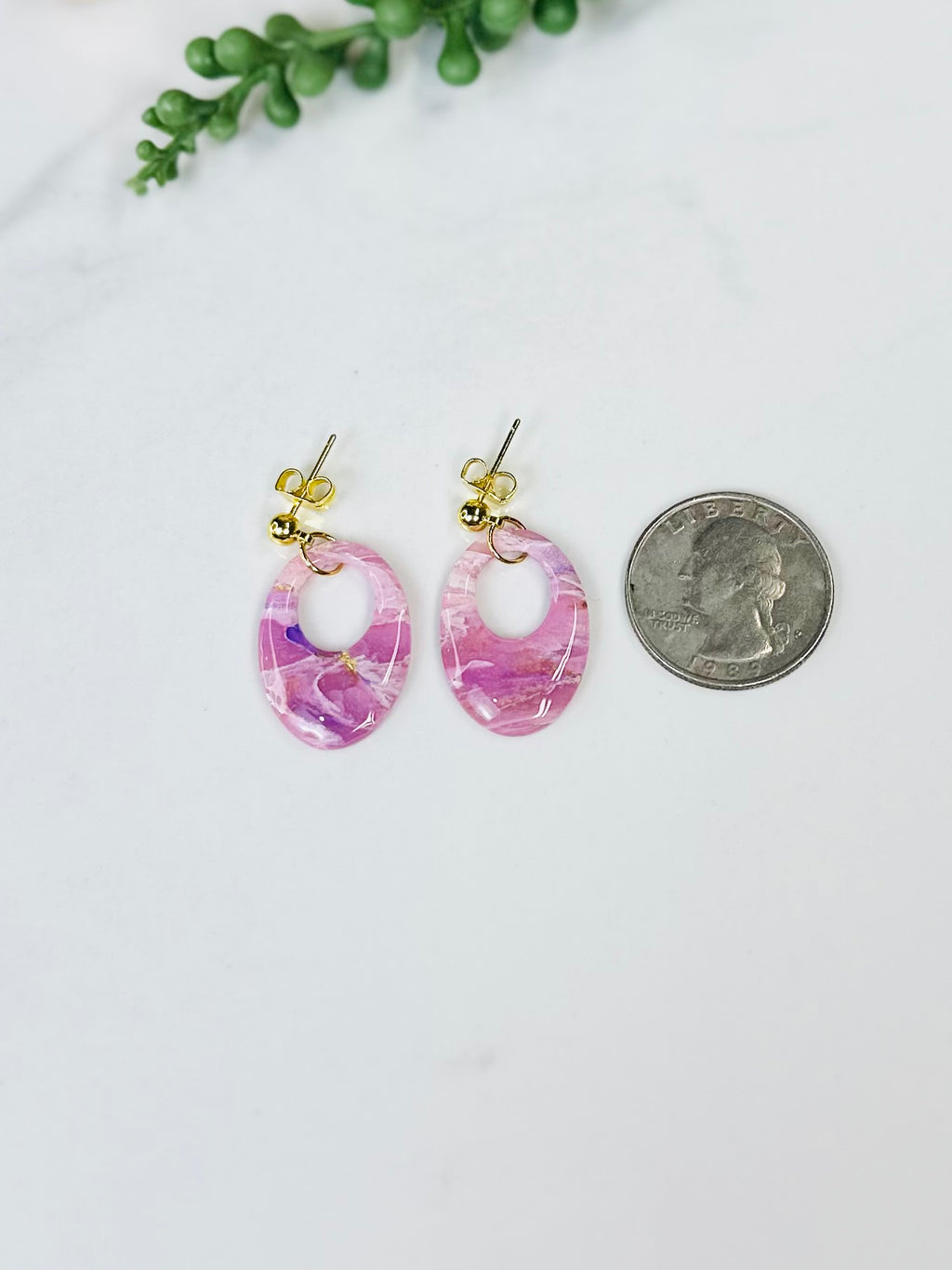 Pink Marbled Open Oval Earrings | Handmade Polymer Clay Earrings