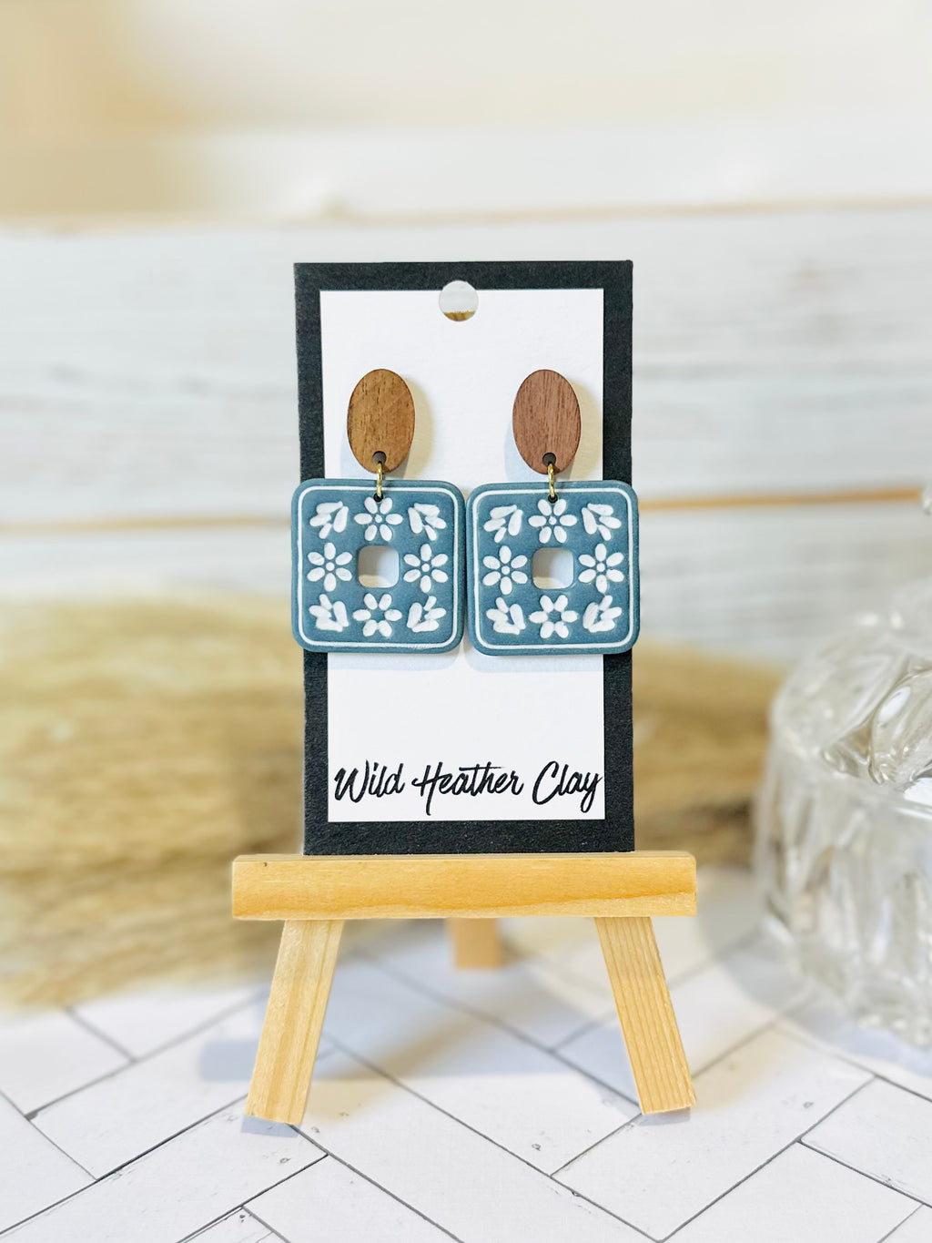 Dusty Blue Floral Tile & Wood Polymer Clay Earrings
