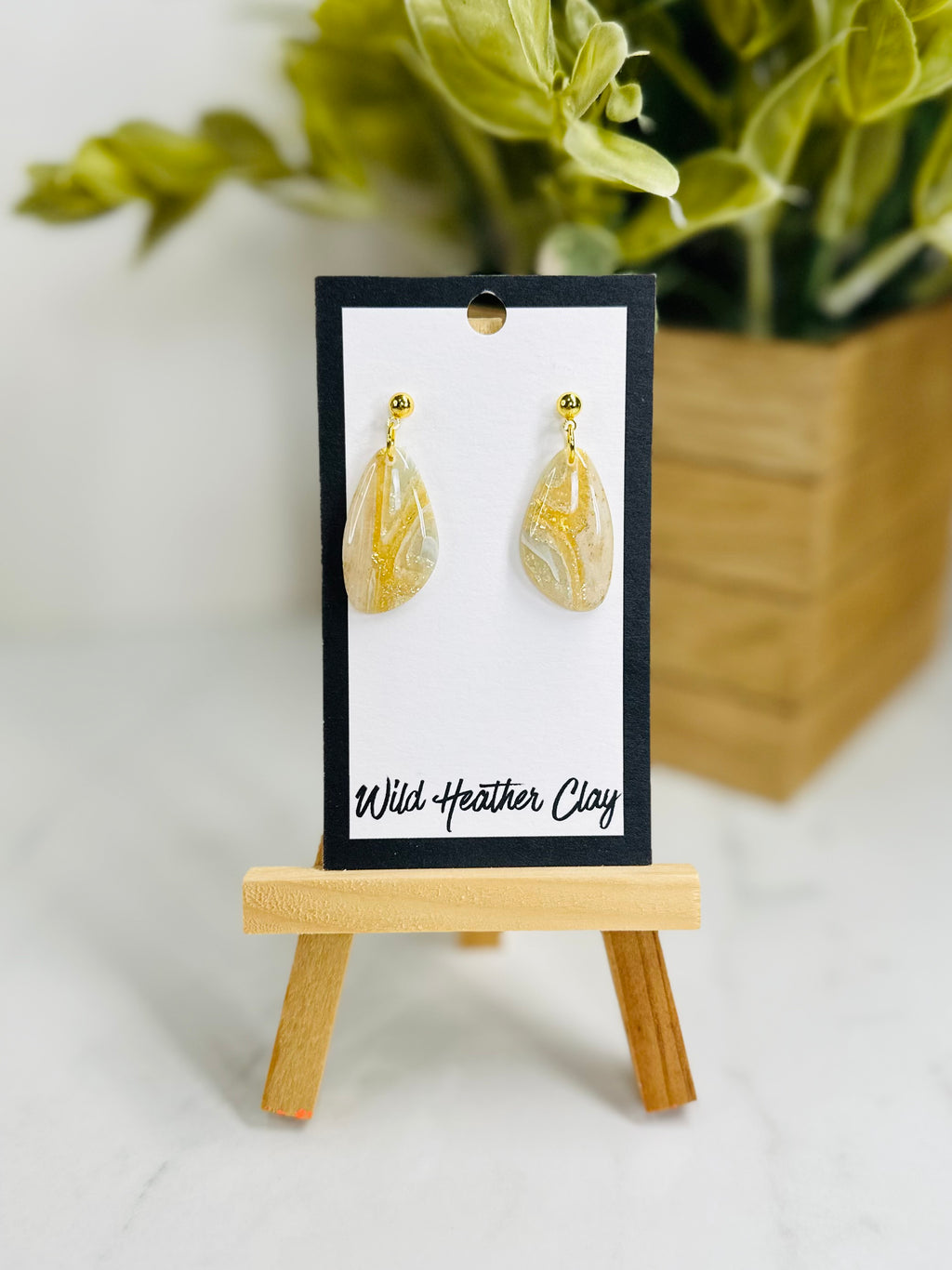 Ivory & Gold Marbled Teardrop Earrings | Handmade Polymer Clay Earrings